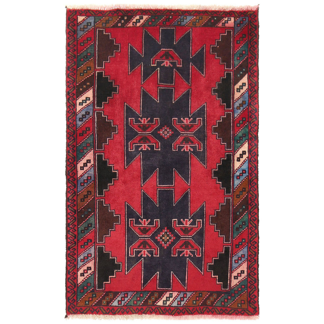 Red Afghan Baluchi Rug 2' 11" x 4' 4" Hand-Knotted