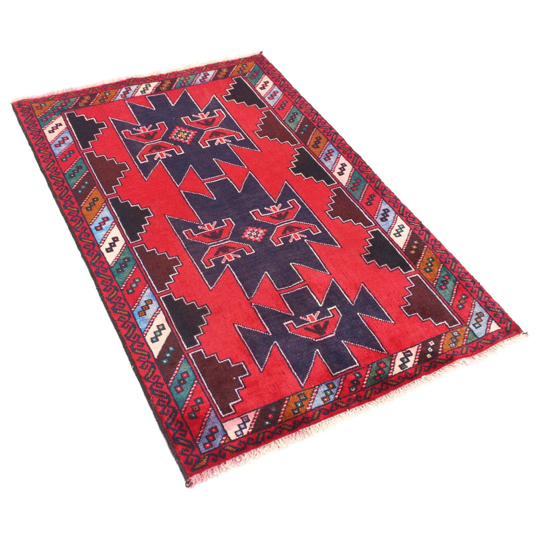 Red Afghan Baluchi Rug 2' 11" x 4' 4" Hand-Knotted detail