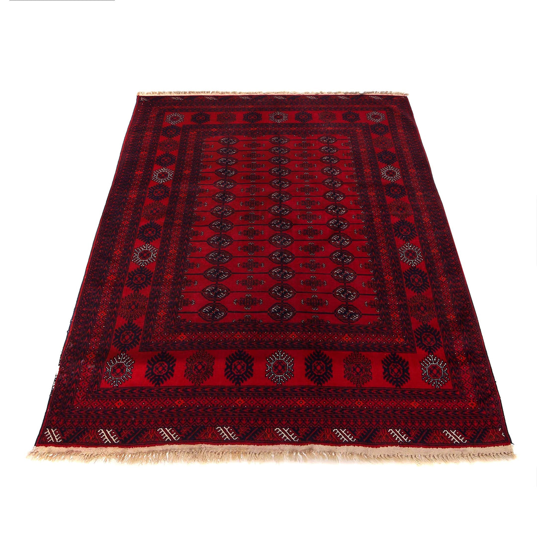 Red Afghan Bokhara Rug 4' 4" x 6' 2" Hand-Knotted | No. AL18469