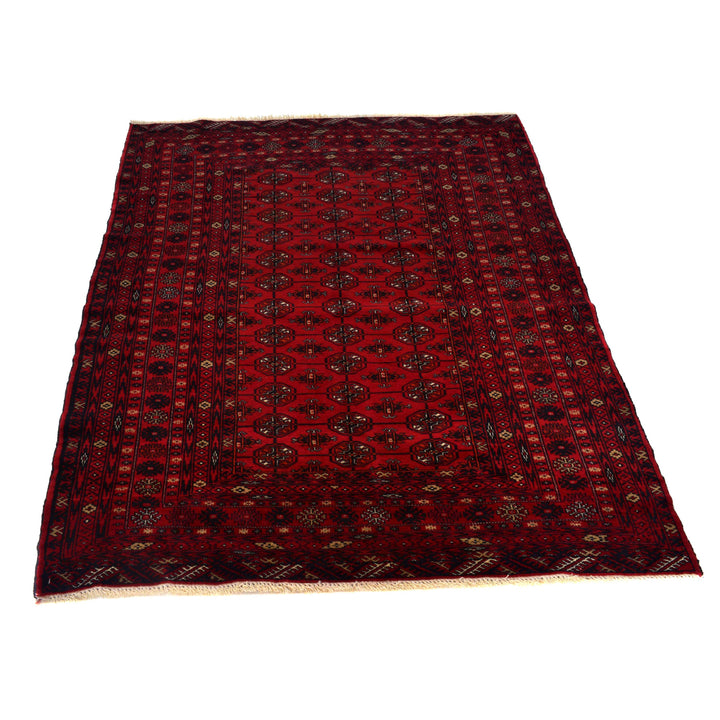 Red Afghan Bokhara Rug 4' 1" x 5' 4" Hand-Knotted | No. AL31759