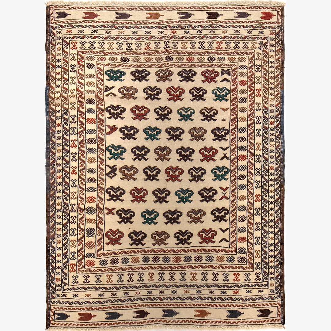 White Afghan Soumak Rug 4' 5" x 5' 11" Flat-Weave