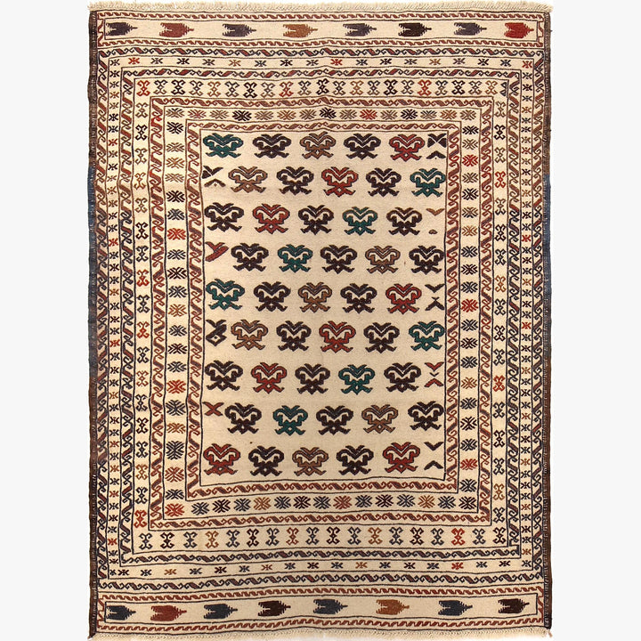 White Afghan Soumak Rug 4' 5" x 5' 11" Flat-Weave