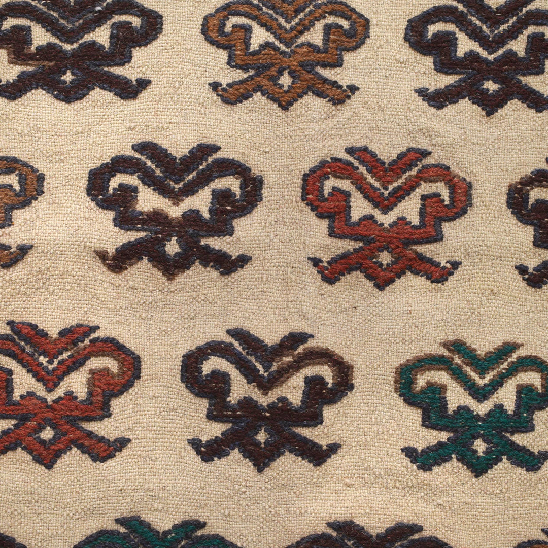 White Afghan Soumak Rug 4' 5" x 5' 11" Flat-Weave close-up