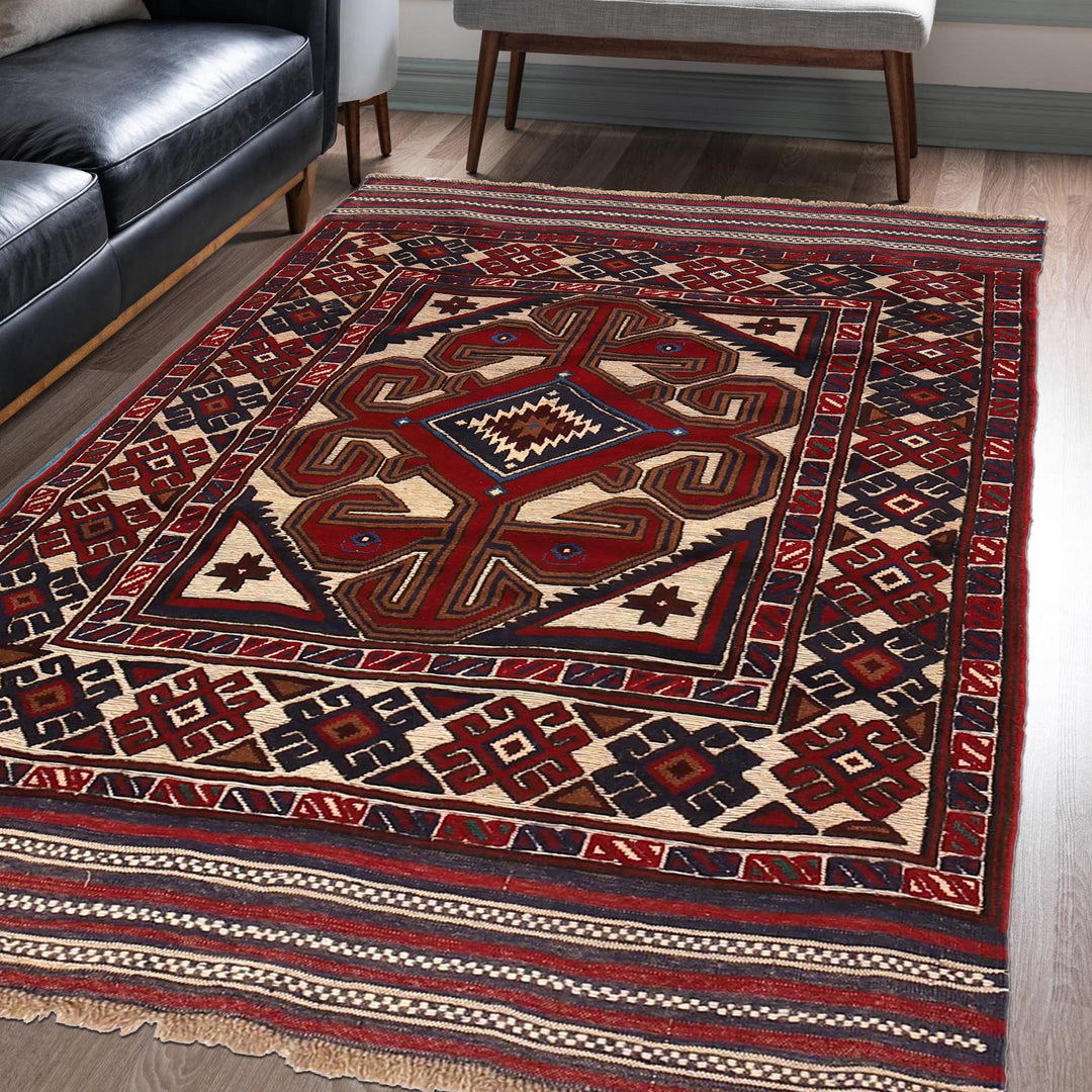 Beige Afghan Barjasta Rug 3'9" x 5'8" Hand-Knotted | No. AL44577