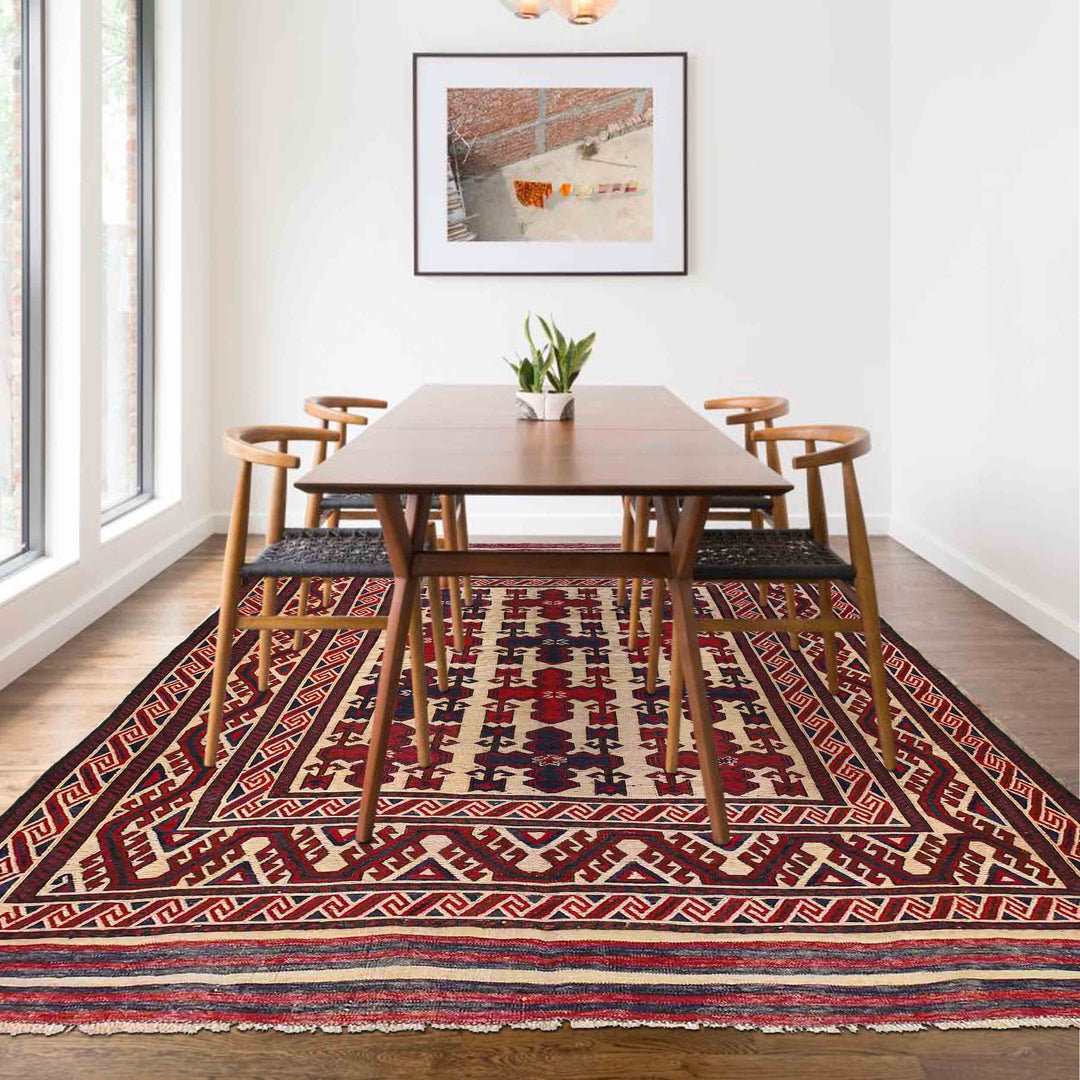 Beige Afghan Saghari Kilim Rug 6'6" x 8'6" Hand-Knotted | No. AL78001