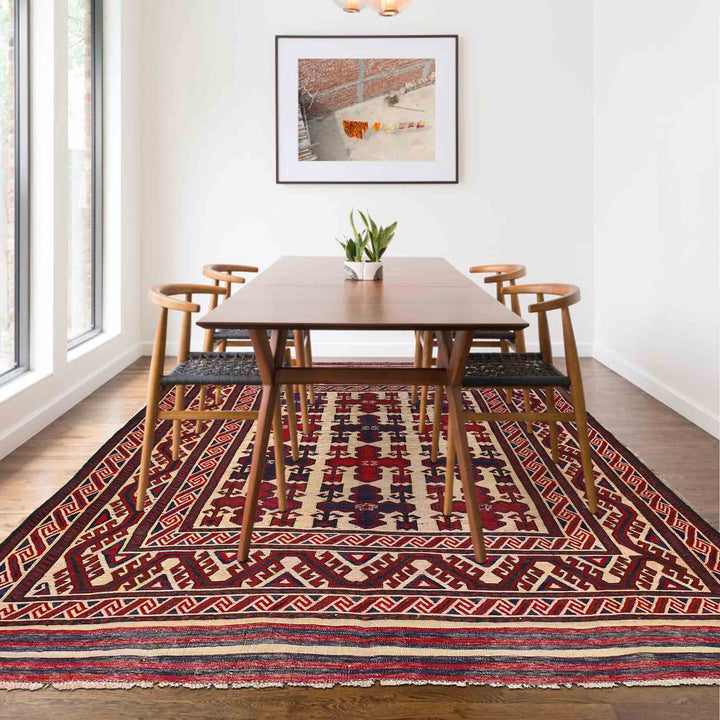 Beige Afghan Saghari Kilim Rug 6'6" x 8'6" Hand-Knotted | No. AL78001
