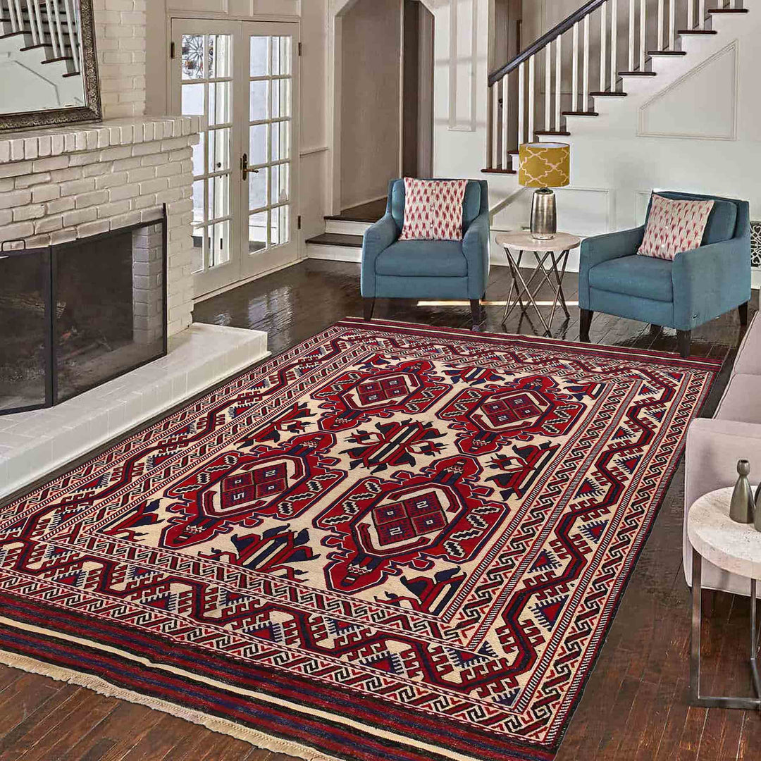 Beige Afghan Saghari Kilim Rug 6' 8" x 9' 3" Flat-Weave | No. AL38770