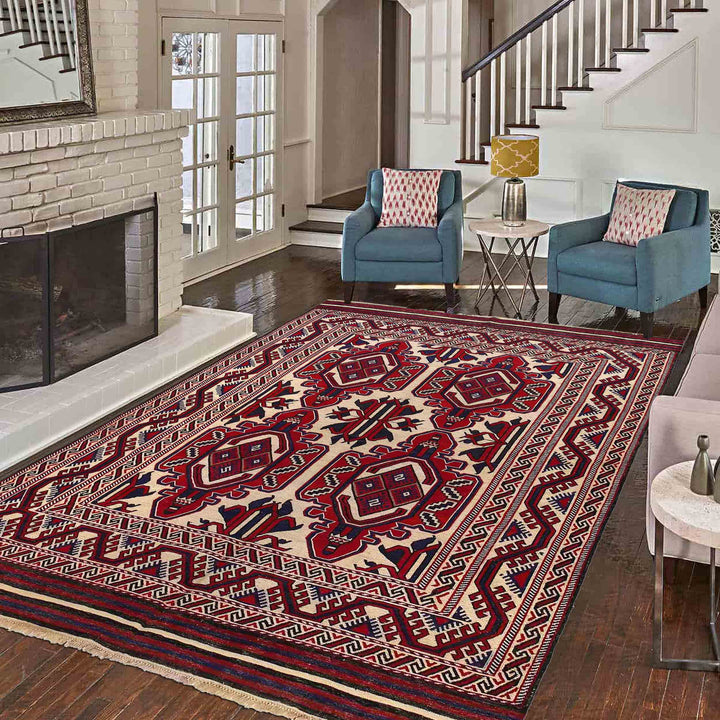 Beige Afghan Saghari Kilim Rug 6' 8" x 9' 3" Flat-Weave | No. AL38770