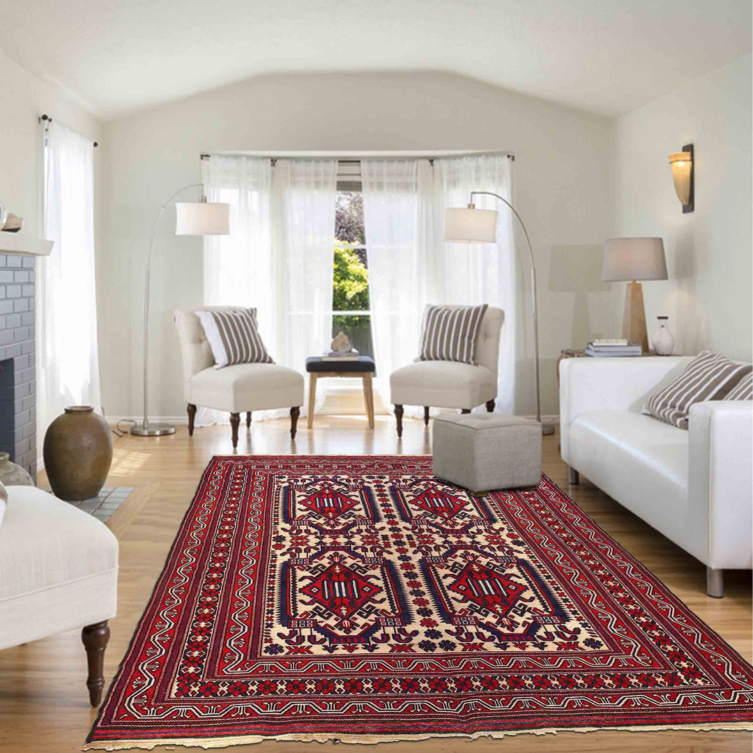 Beige Afghan Saghari Kilim Rug 7' " x 9' 5" Hand-Knotted | No. AL86069