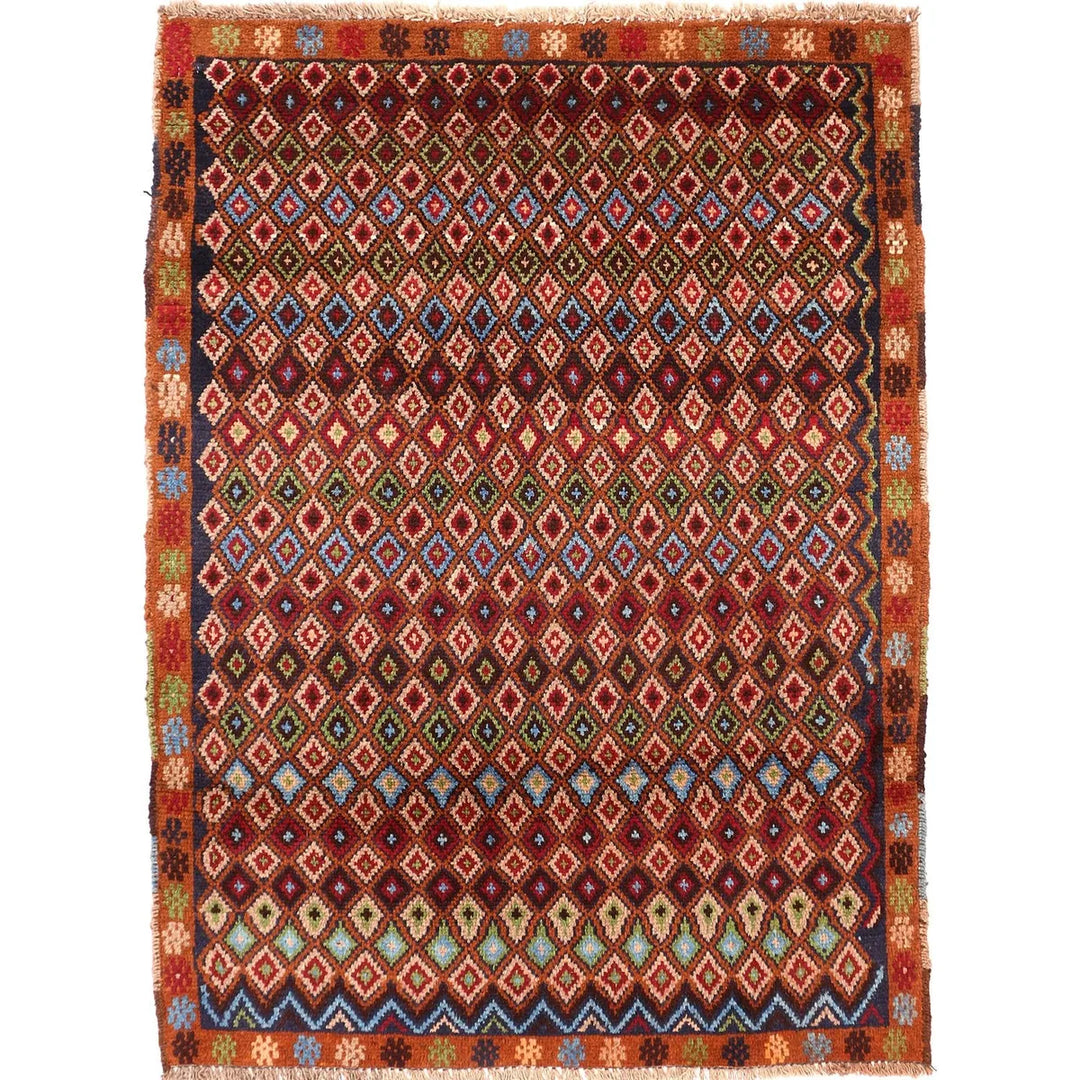 Brown Afghan Baluchi Rug 3' 3" x 4' 5" Hand-Knotted | No. 28144