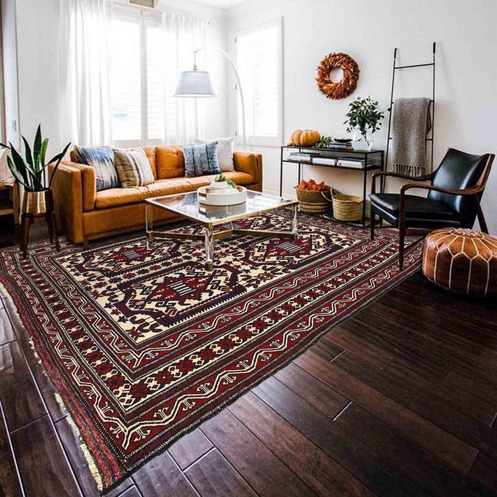 Beige Afghan Saghari Rug 6' 11" x 9' 6" Flat-Weave texture