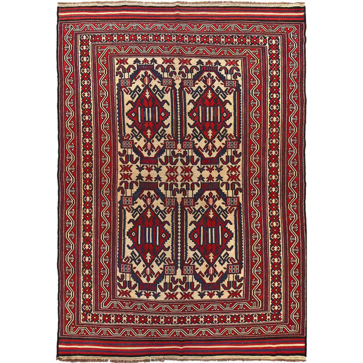 Beige Afghan Saghari Rug 6' 11" x 9' 8" Flat-Weave