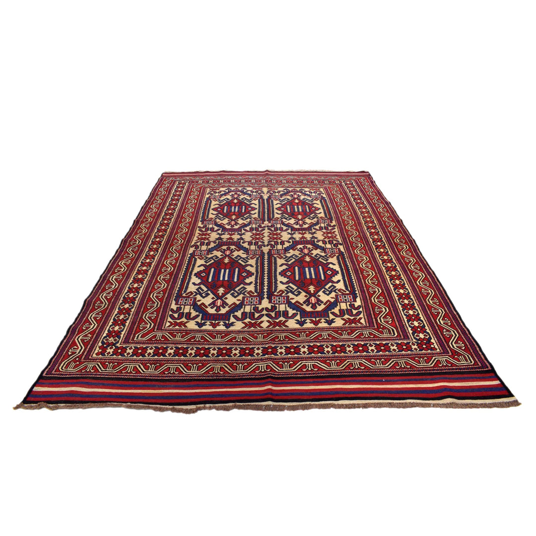 Beige Afghan Saghari Rug 6' 11" x 9' 8" Flat-Weave detail