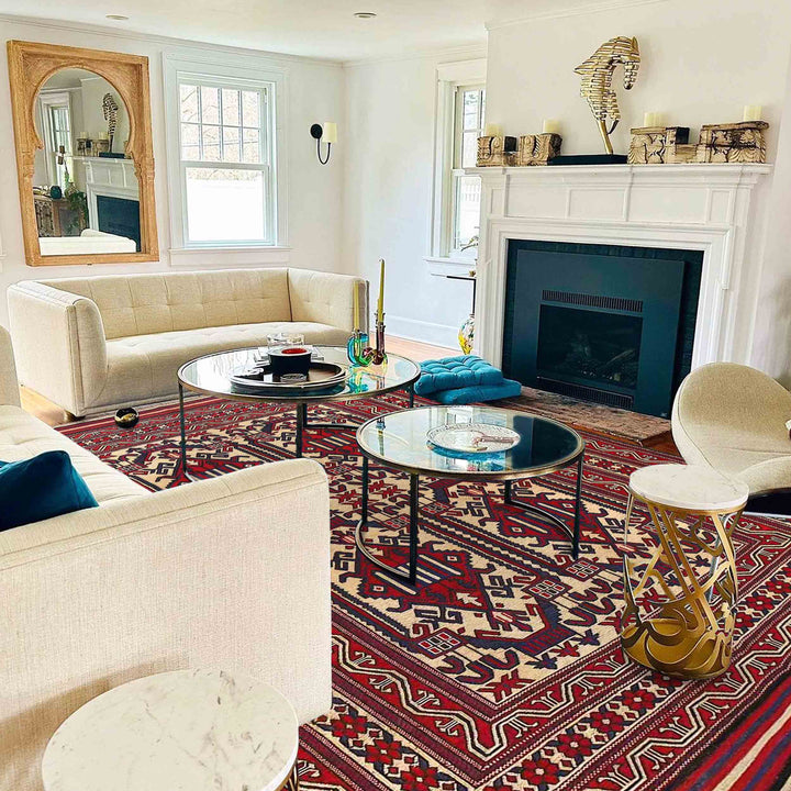 Beige Afghan Saghari Rug 6' 11" x 9' 8" Flat-Weave texture