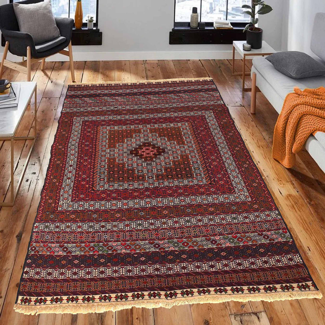 Beige Afghan Maliki Kilim Rug 4' 1" x 6' 5" Hand-Knotted | No. AL94638