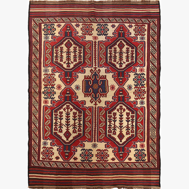 Beige Afghan Saghari Rug 4' 7" x 6' 5" Flat-Weave
