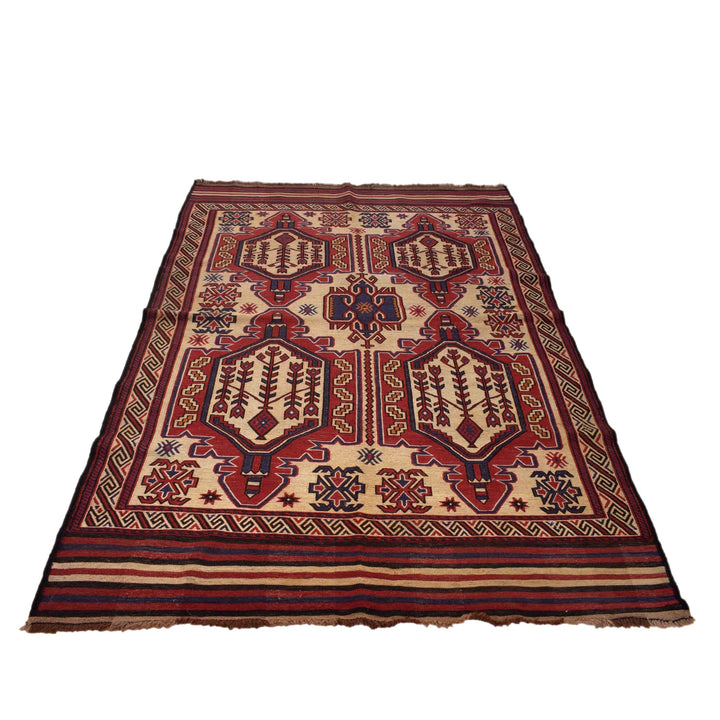 Beige Afghan Saghari Rug 4' 7" x 6' 5" Flat-Weave detail