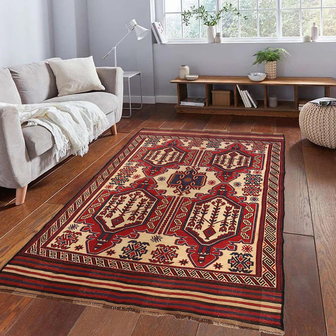Beige Afghan Saghari Rug 4' 7" x 6' 5" Flat-Weave texture