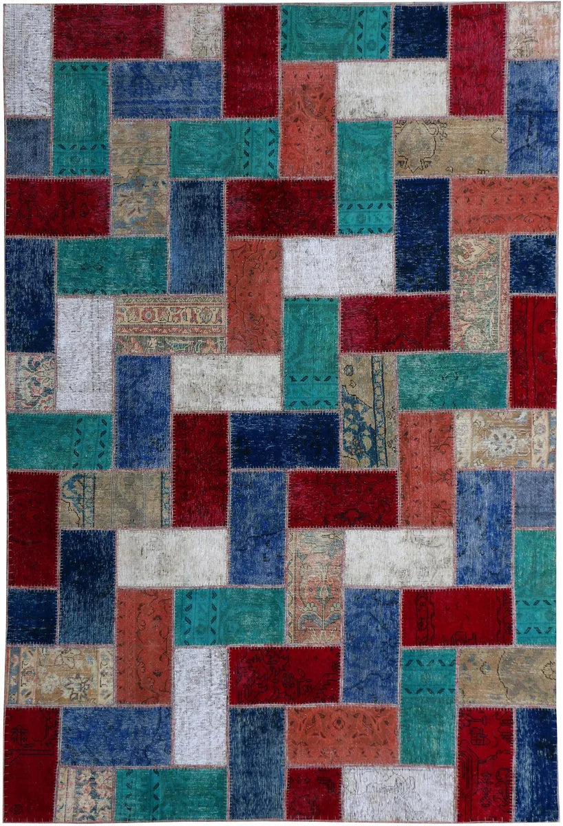 Afghan Patchwork Rug 6' 8" x 9' 5" Hand-Knotted | No. 37473