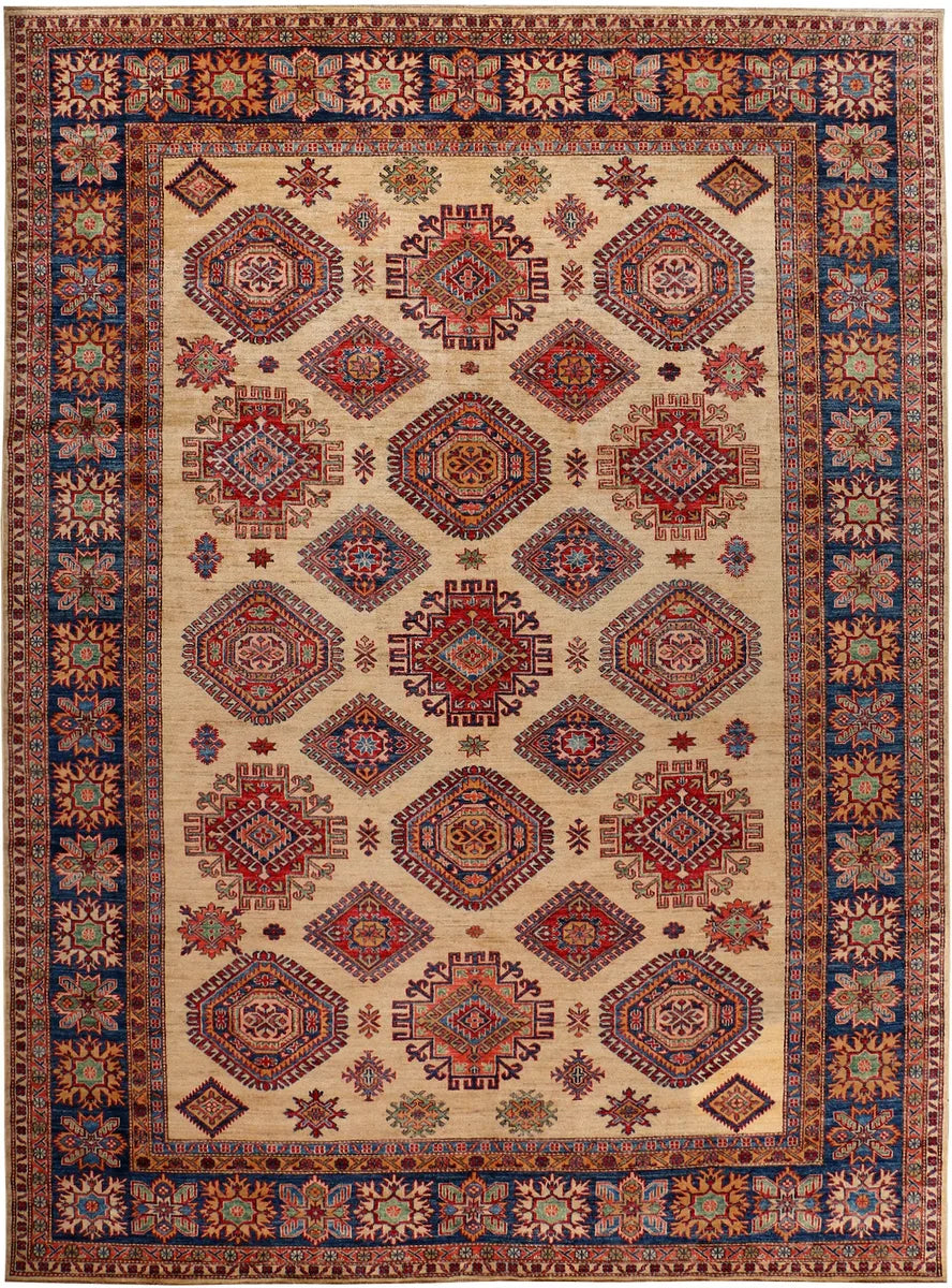 Tan Afghan Kazak Rug 8' 10 x 12' 1 Hand-Knotted | No. 37961