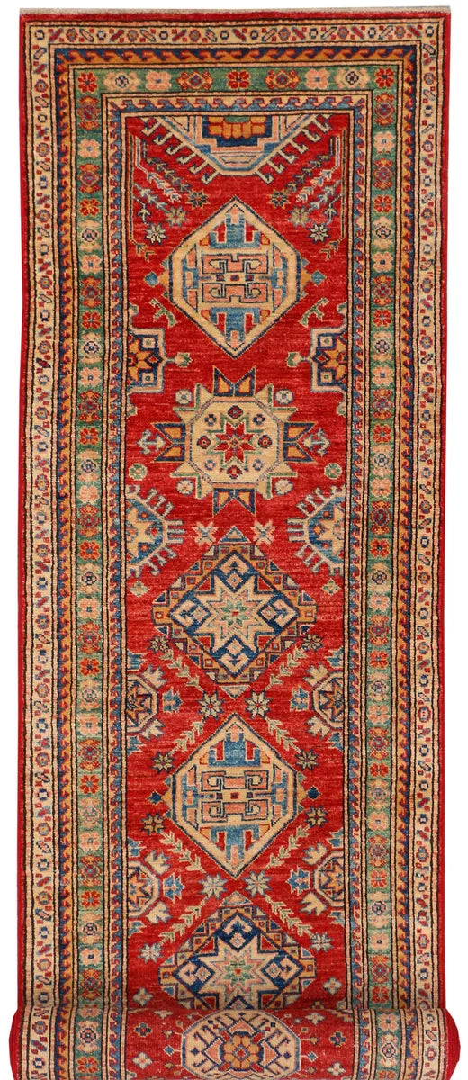 Red Afghan Kazak Rug 2'7" x 12'10" Hand-Knotted | No. 37972