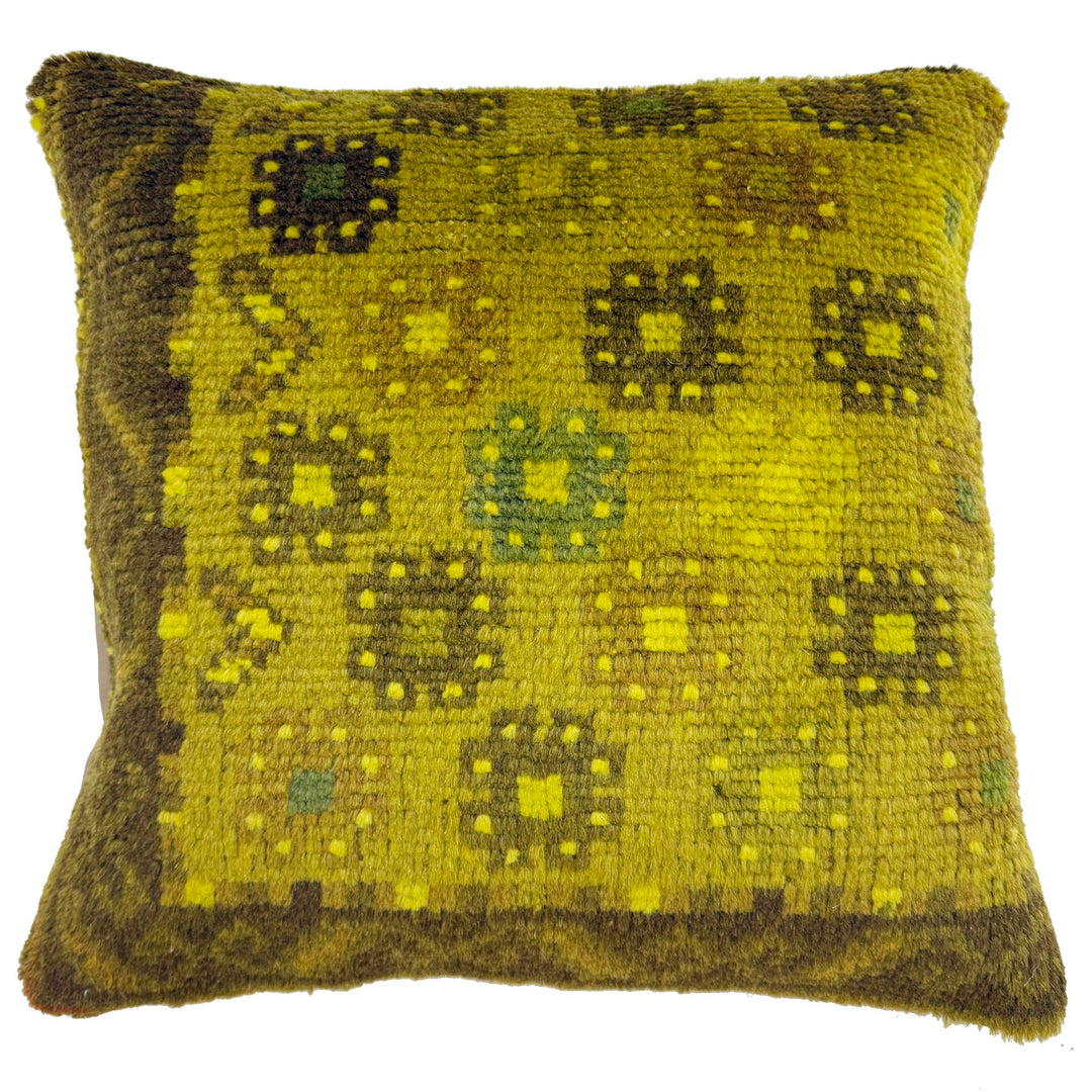 Yellow Afghan Overdyed Carpet Cushion 1' 5" x 1' 6" Hand-Knotted