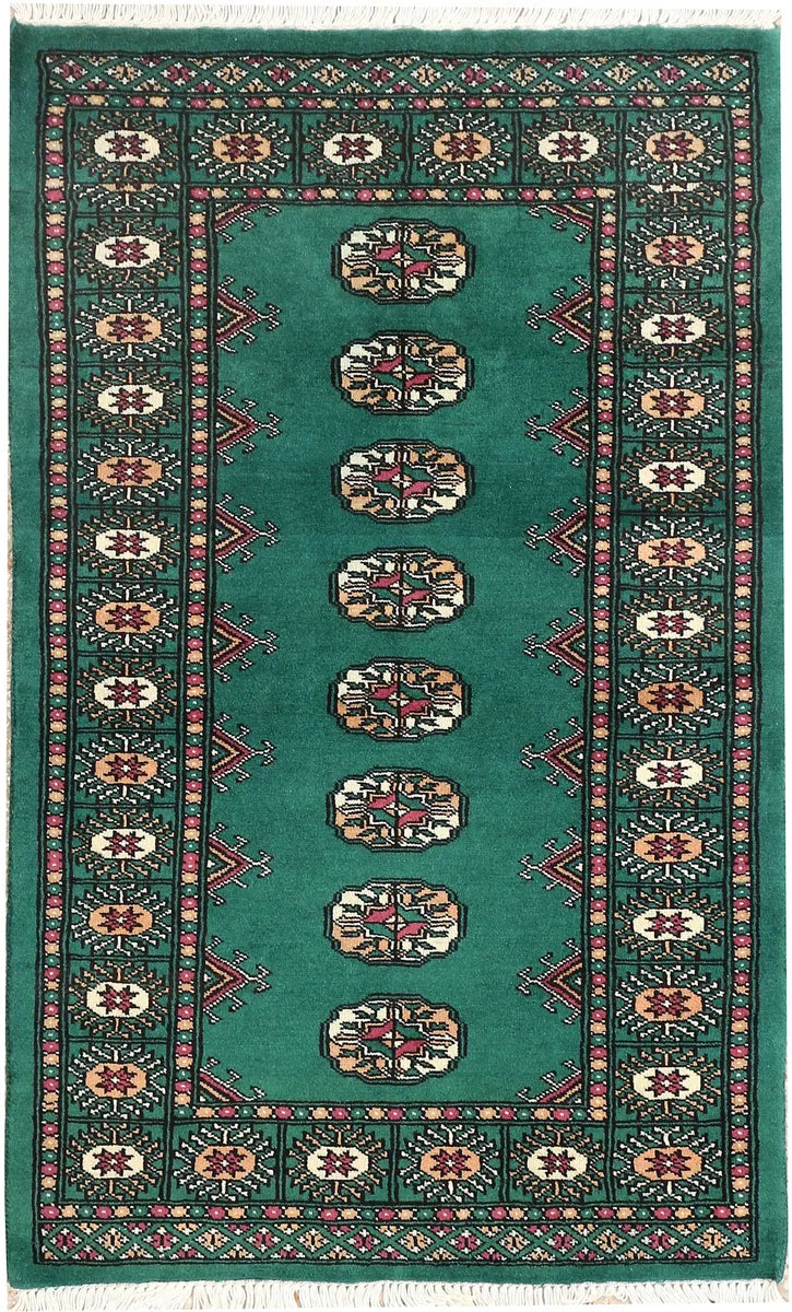 Green Pakistani Bokhara Rug 2'5" x 3'11" Hand-Knotted | No. 44286