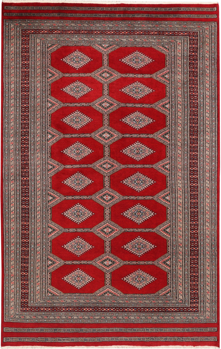 Firebrick Red Pakistani Jaldar Rug 5' 6" x 8' 6" Hand-Knotted | No. QA15776