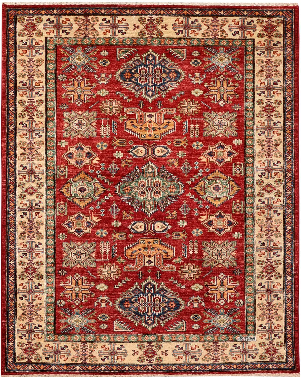 Red Afghan Kazak Rug 4'11" x 6'1" Hand-Knotted | No. 47929