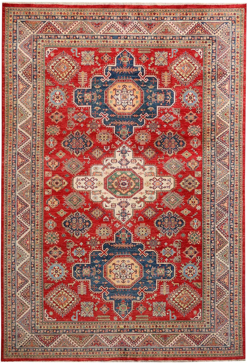 Red Afghan Kazak Rug 8' 2" x 12' Hand-Knotted | No. 48021