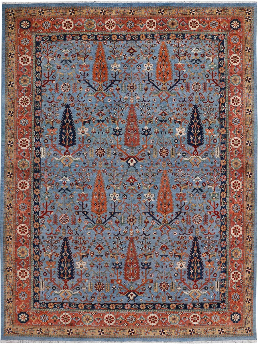 Steel Blue Afghan Ziegler Rug 9' x 12' Hand-Knotted | No. 48053