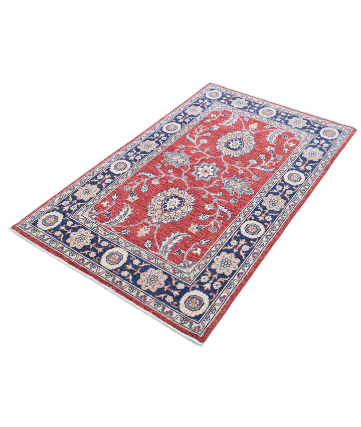 Red Afghan Ziegler Rug 3' 1" x 5' 2" Hand-Knotted border