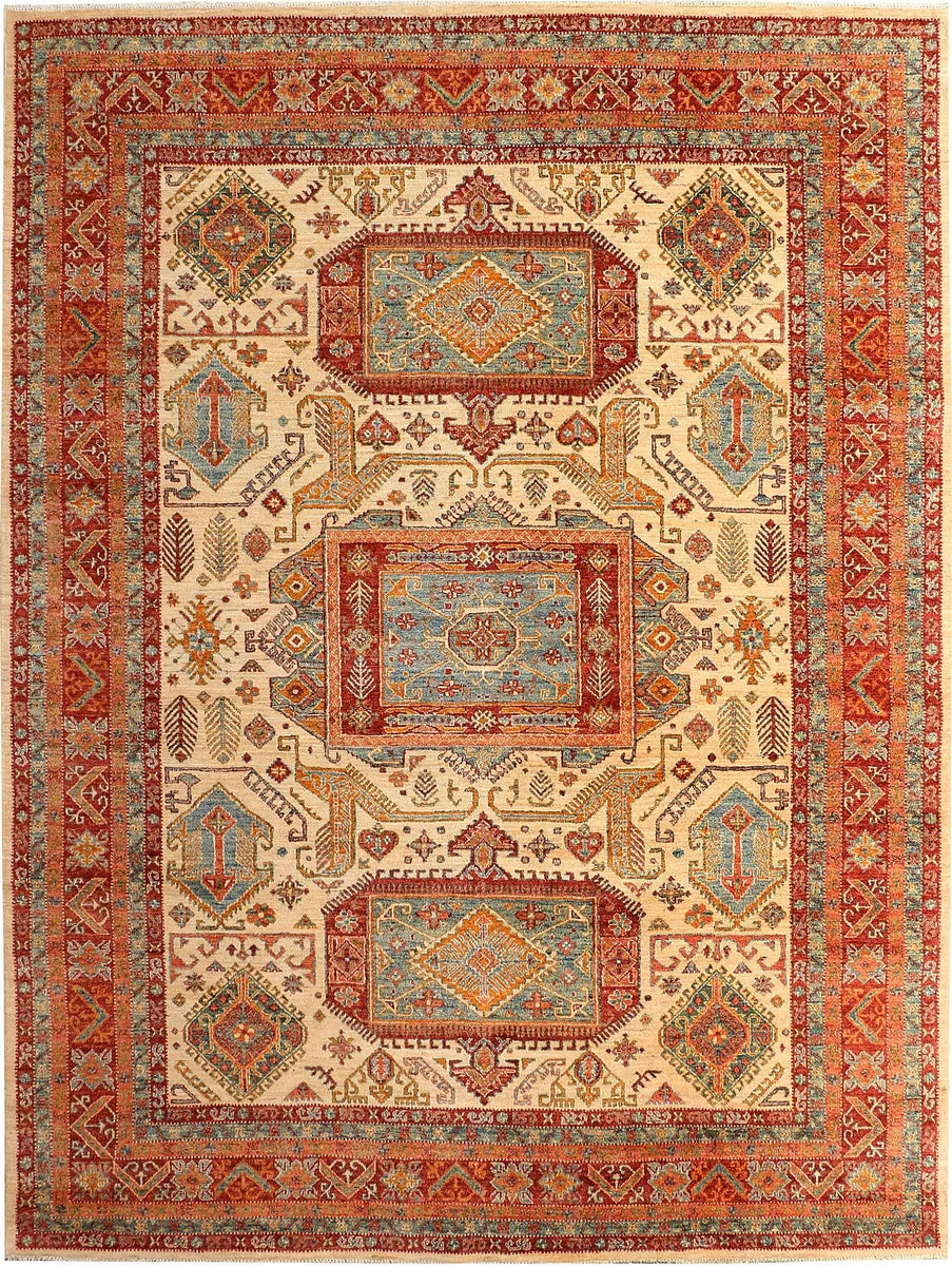 Navajo White Afghan Kazak Rug 9'2" x 12'3" Hand-Knotted | No. 50772