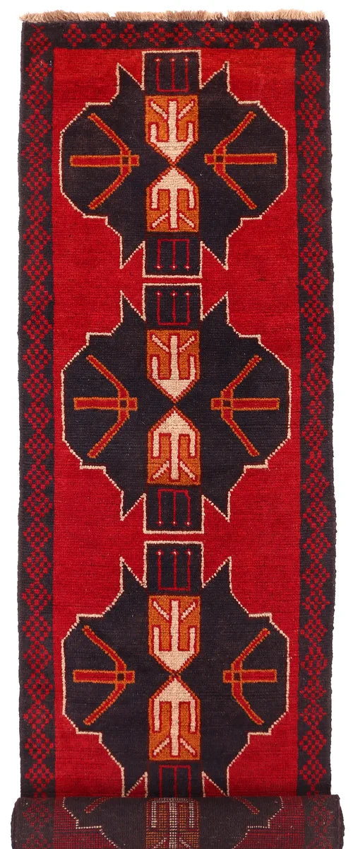 Red Afghan Baluchi Rug 2' 3 x 9' 10 Hand-Knotted | No. 53892