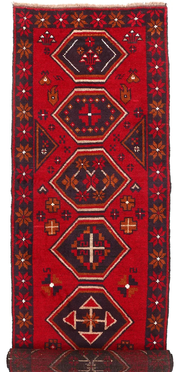 Red Afghan Baluchi Rug 2' 7" x 9' 8" Hand-Knotted | No. 53896