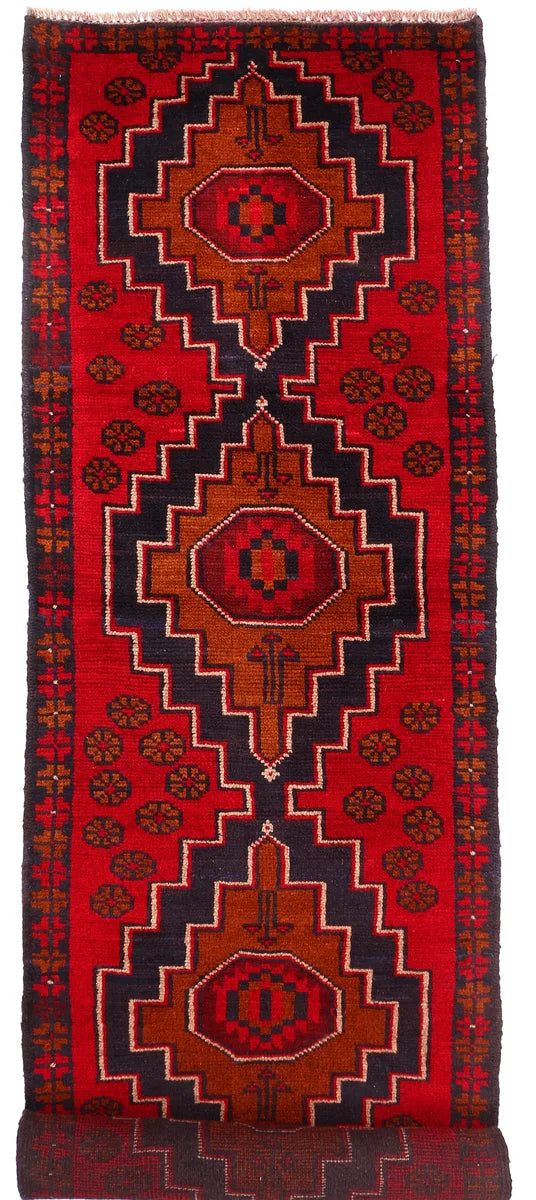 Red Afghan Baluchi Rug 2' 4" x 9' 11" Hand-Knotted | No. 53914