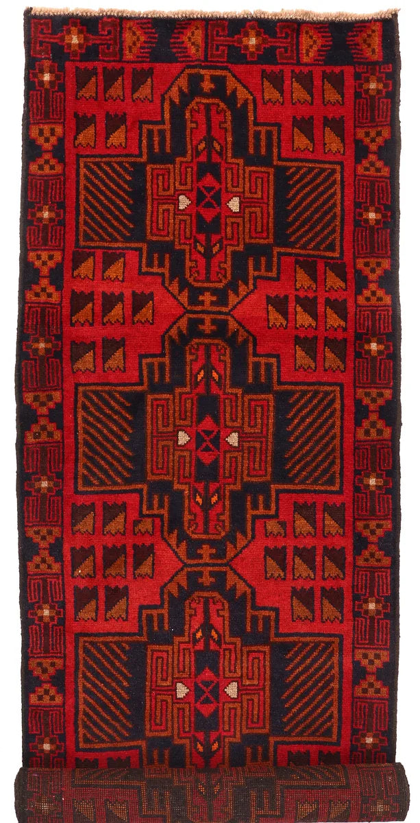 Red Afghan Baluchi Rug 2' 9" x 9' 8" Hand-Knotted | No. 53920