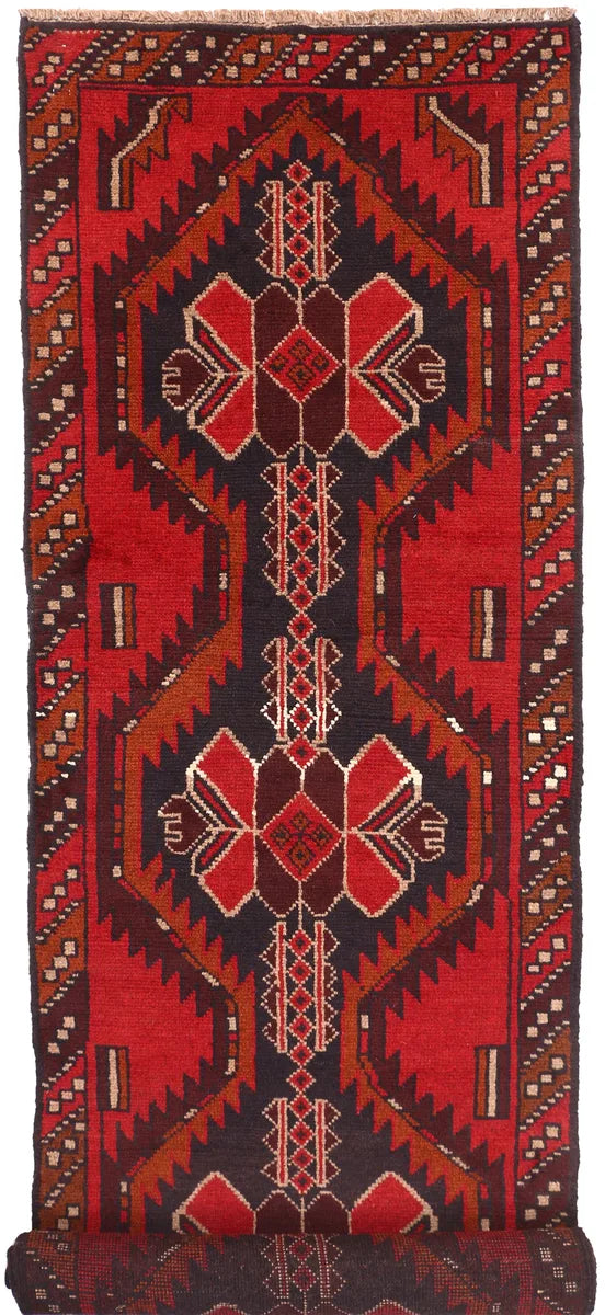 Red Afghan Baluchi Rug 2' 6" x 9' 9" Hand-Knotted | No. 53931