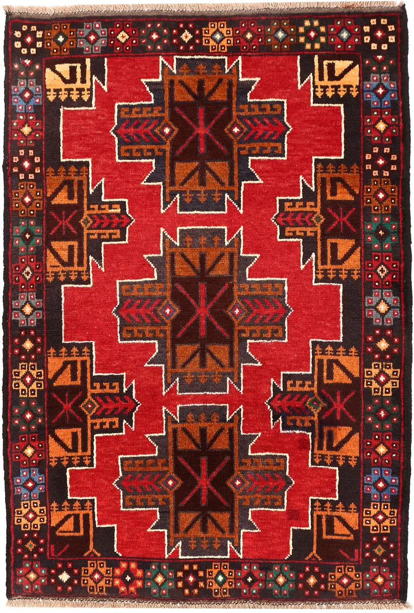 Red Afghan Baluchi Rug 2' 11 x 4' 2 Hand-Knotted | No. 54574