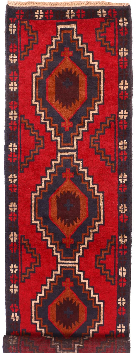 Red Afghan Baluchi Rug 2' 2" x 8' Hand-Knotted | No. 54836