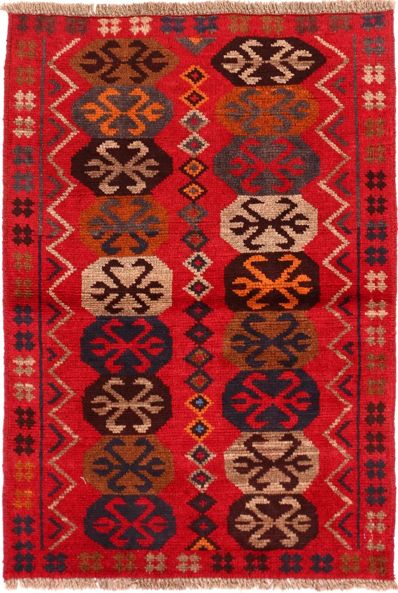 Red Afghan Baluchi Rug 2' 8 x 3' 10 Hand-Knotted | No. 54896