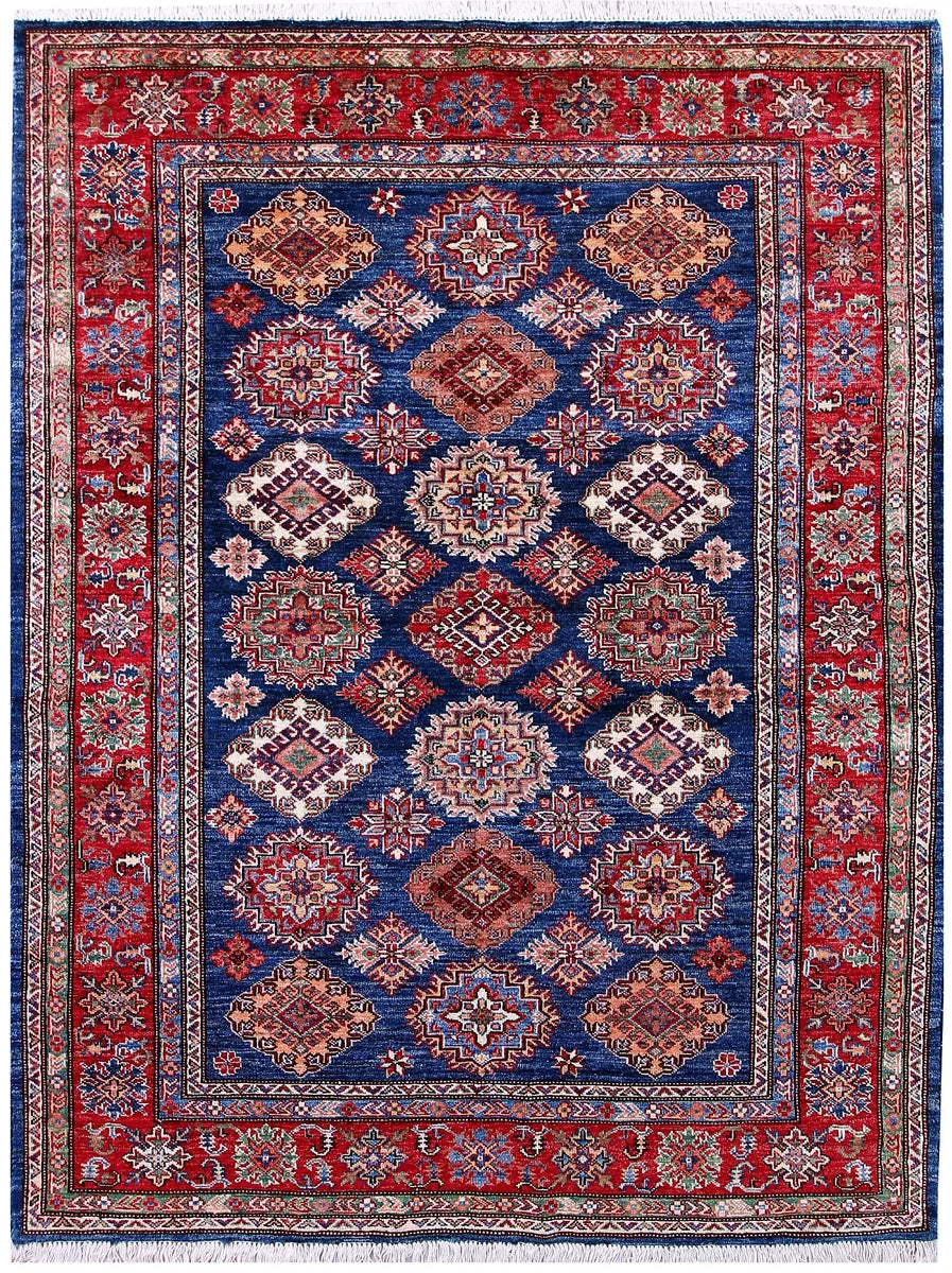 Blue Afghan Kazak Rug 5'2" x 6'8" Hand-Knotted | No. 57217