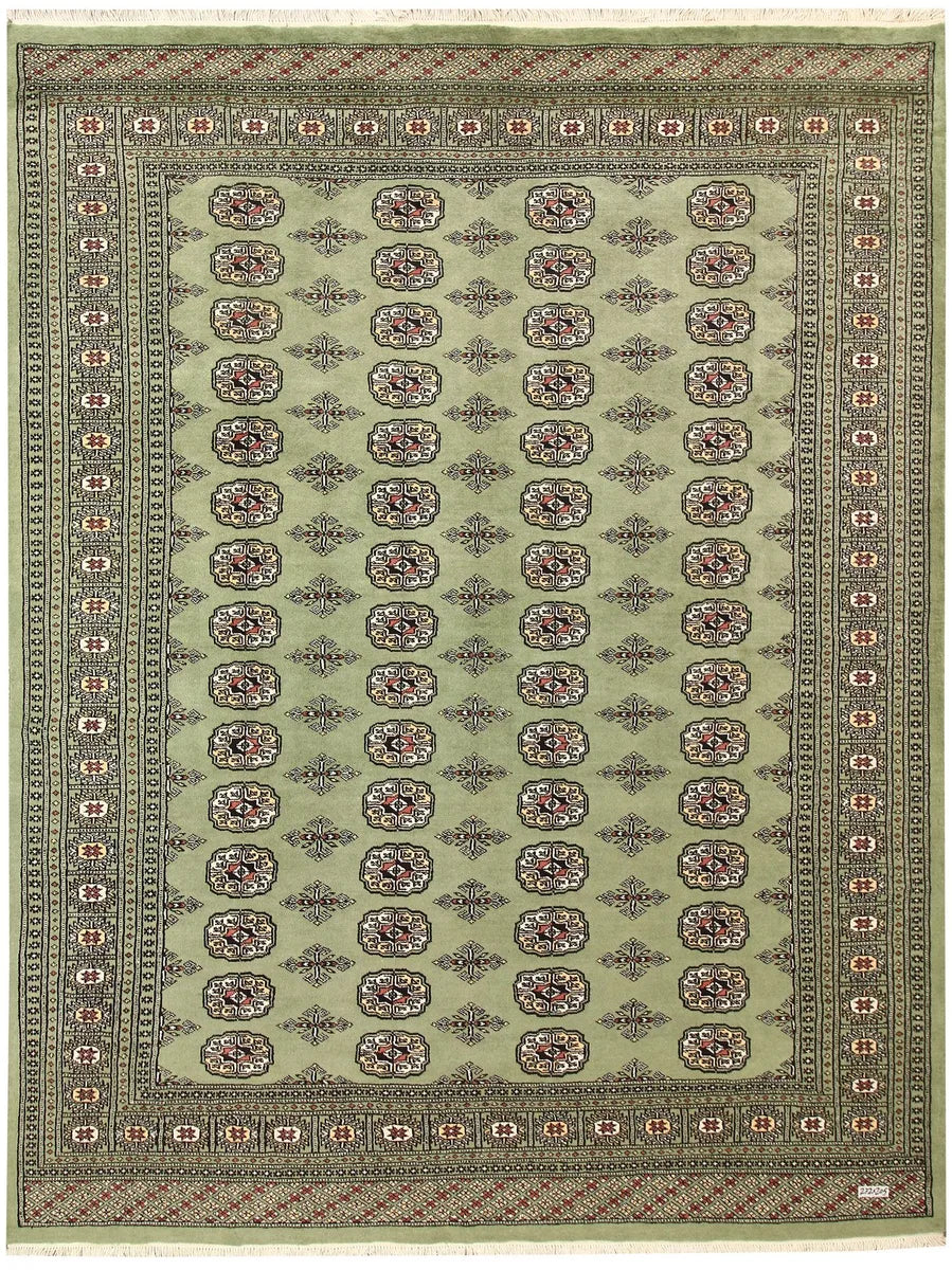 Green Pakistani Bokhara Rug 6'9" x 8'11" Hand-Knotted | No. 59785
