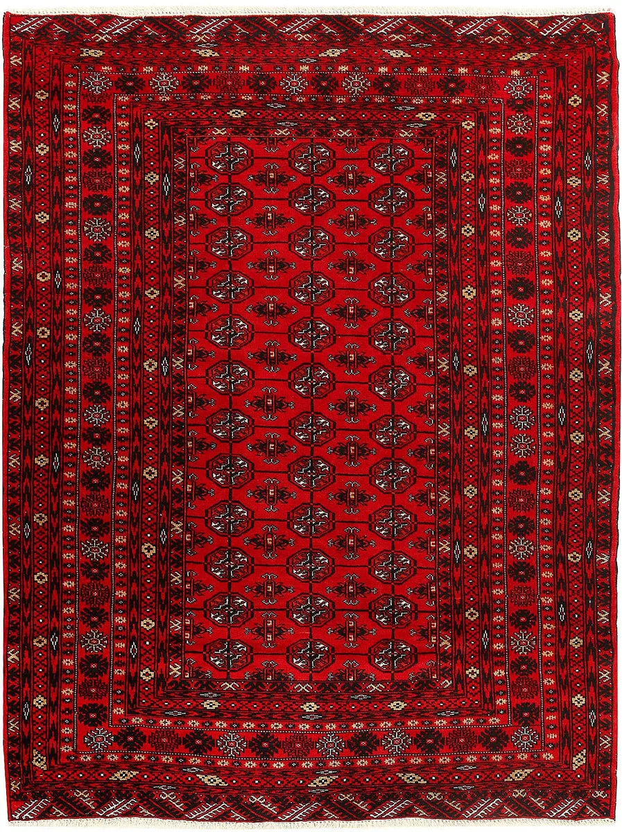 Red Afghan Bokhara Rug 4' 2" x 5' 6" Hand-Knotted | No. 61832