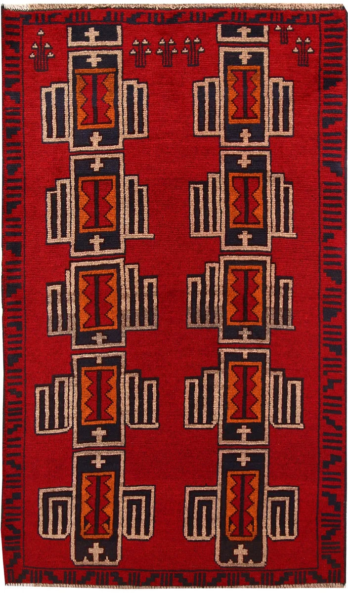 Red Afghan Baluchi Rug 3' 8" x 6' 2" Hand-Knotted | No. 62326