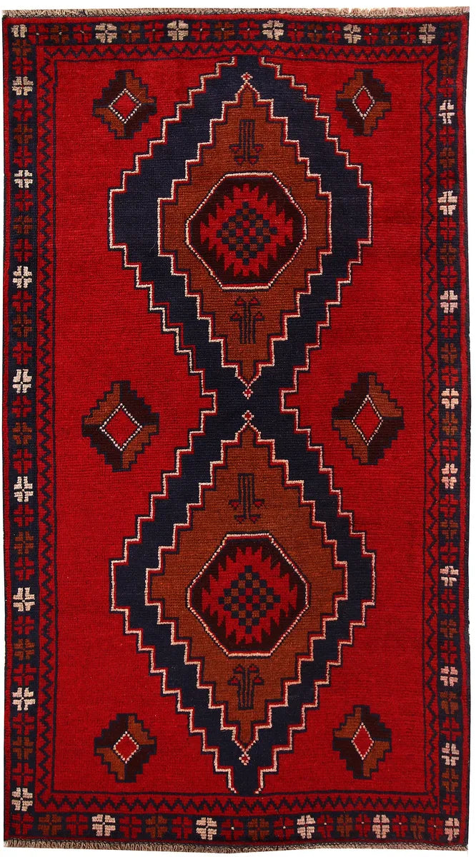 Red Afghan Baluchi Rug 3' 7 x 6' 5 Hand-Knotted | No. 62337