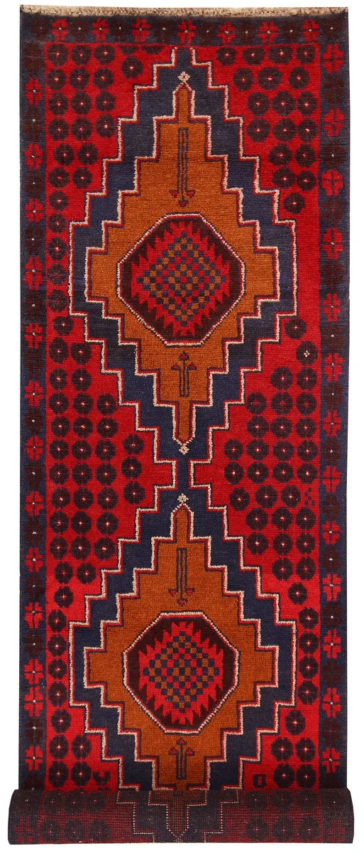 Red Afghan Baluchi Rug 2' 6" x 9' 4" Hand-Knotted | No. 62543