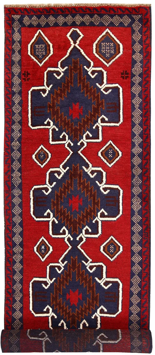 Red Afghan Baluchi Rug 2' 7" x 10' Hand-Knotted | No. 62554