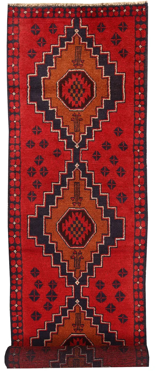 Red Afghan Baluchi Rug 2' 6" x 9' 8" Hand-Knotted | No. 62618