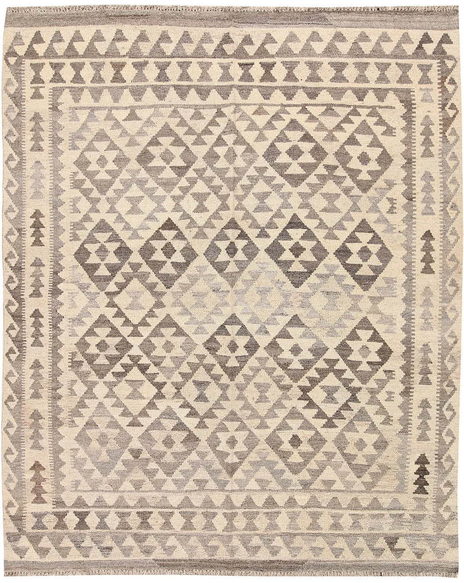 Light Grey Afghan Kilim Rug 5'2" x 6'4" Flat-Weave | No. 62911